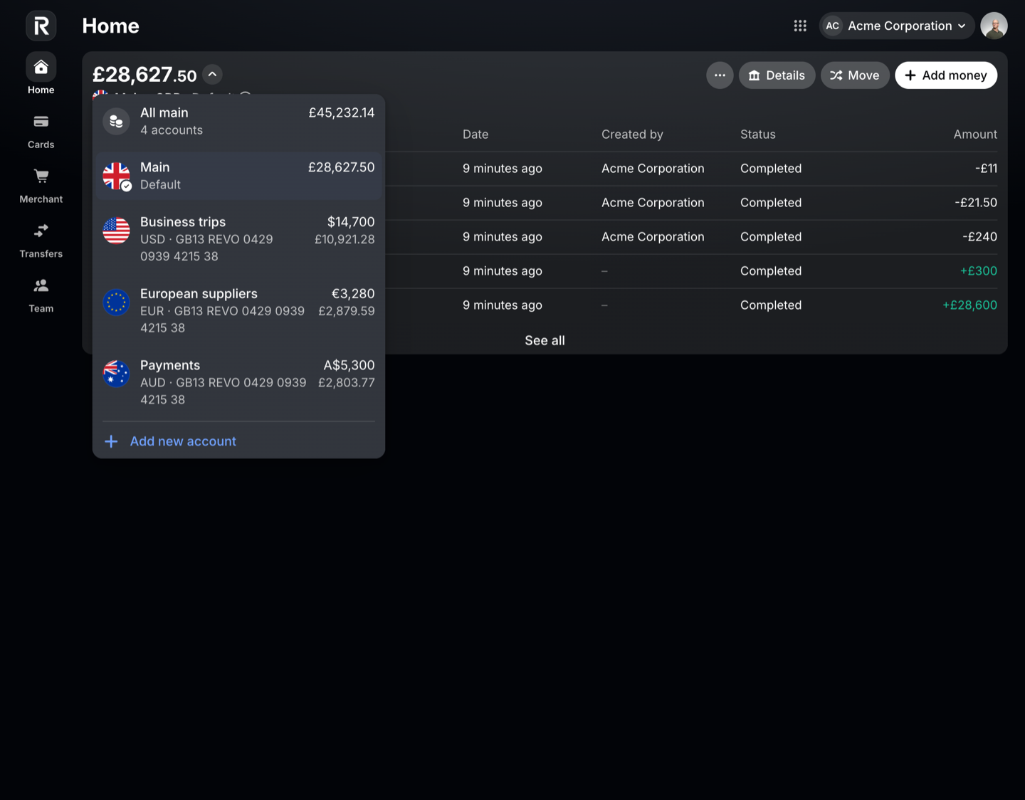 Revolut Business sandbox: the list of currency accounts